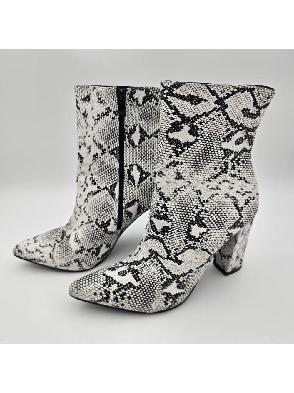 Snakeskin Print Chunky Heel Ankle Boots For Women Black & White Faux Leather
